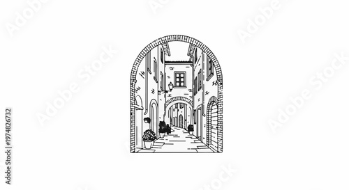 Ornate archway opens to a charming, narrow cobblestone street lined with buildings