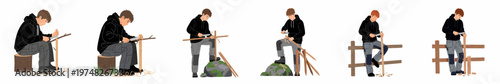 Illustrations of a young man whittling wood with a knife in various outdoor settings, wearing a black hoodie and cargo pants.