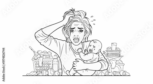 Stressed mother holding crying baby amidst overwhelming household chores