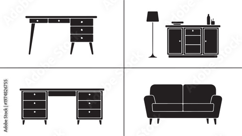 Modern furniture set featuring office and living room pieces in minimalist black design