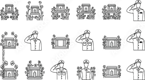 Collection of intricate black and white architectural illustrations depicting various building facades and structures