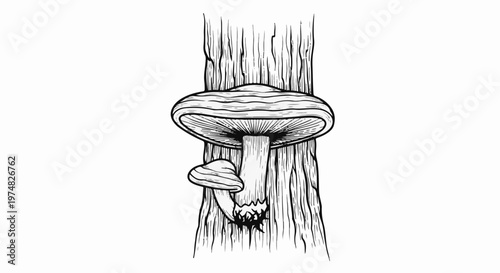 Hand-drawn illustration of mushrooms growing on a tree trunk