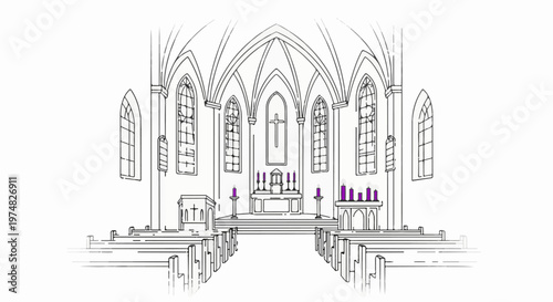 Detailed sketch of a church interior with pews, altar, and stained glass windows