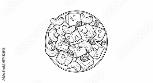 Overhead view of a circular platter filled with square shaped food items and cashews