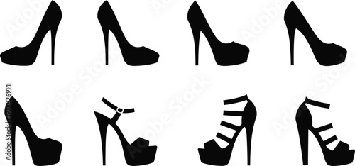 Elegant high heel shoe icon set black vector illustration for fashion style and footwear design