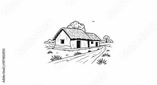 Simple thatched-roof house beside a winding dirt road with trees and grass