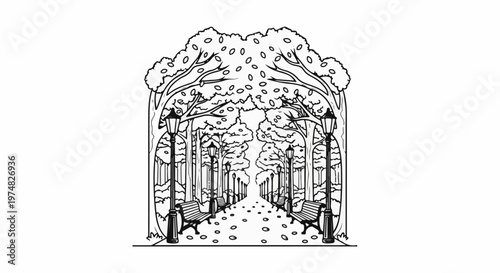 Park pathway lined with trees, benches, and lampposts, leaves on ground