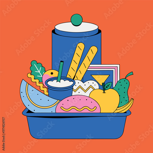 a colorful lunch box with sandwiches, fruits, juice, and drinks, clean outline style, minimal design