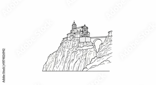 Ornate building atop a rugged cliff connected by a stone bridge