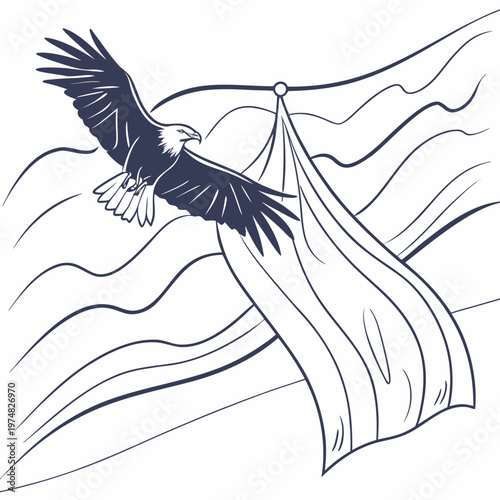 A majestic bald eagle soars powerfully in flight clutching a waving american flag in its talons symbolizing freedom high quality professional detailed
