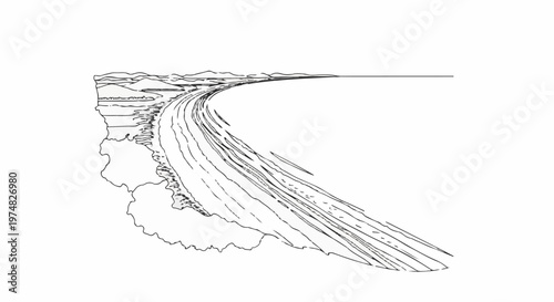 Sketch of a winding river flowing towards a distant horizon under a clear sky