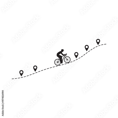 A cyclist rides along a dashed path marked with location pins