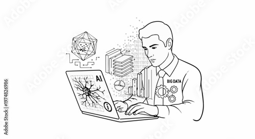 Person analyzing complex data and AI concepts on a laptop with visualizations