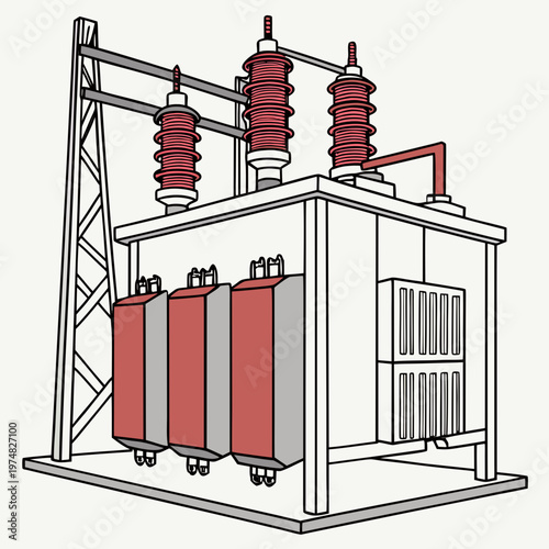 An illustrative depiction showcases a high voltage electrical substation with insulators transformers and supporting structural components high quality professional detailed modern elegant