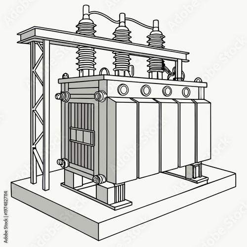 A detailed line drawing depicts a large electrical transformer with insulators a metal frame and grounding components high quality professional modern elegant