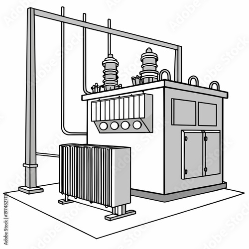 A detailed black and white illustration depicts an electrical transformer station with cooling fins and prominent high voltage components high quality professional