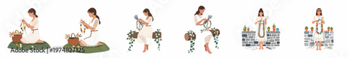 Set of illustrations featuring young women in white dresses making beautiful floral wreaths and garlands in a rustic outdoor setting.