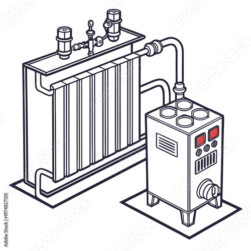 An isometric illustration depicts a blue lined schematic of industrial machinery including a tank pump and control panel high quality professional detailed