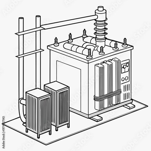 A detailed line drawing illustrates an electrical transformer with cooling fins boxes and supporting structures high quality professional modern elegant stylish clean