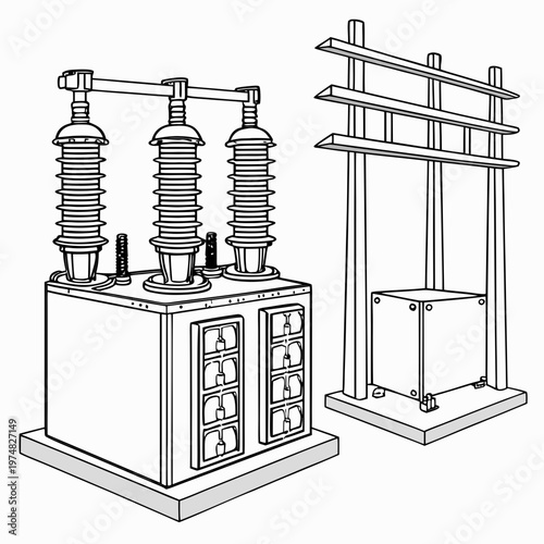 A detailed line drawing showcases electrical equipment including a transformer with insulators and a supporting structure beside it high quality professional modern