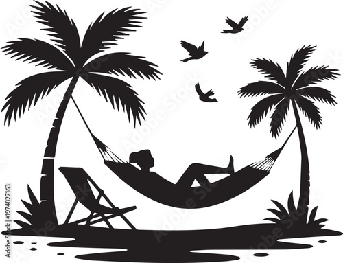 Tranquil scene of relaxation in a tropical hammock between palm trees
