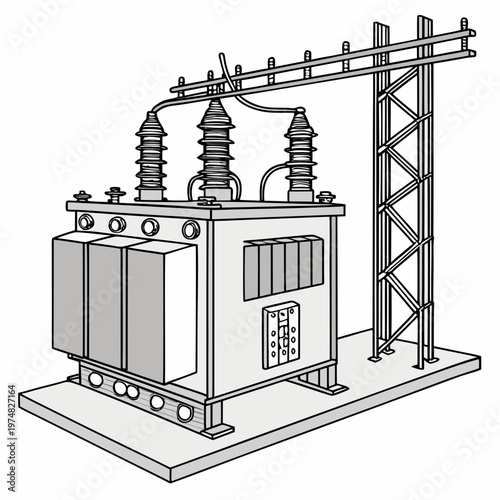 A detailed line drawing depicts a large electrical transformer and supporting infrastructure showcasing its industrial design and function high quality professional modern