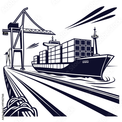 A stylized illustration depicts a large container ship navigating a waterway with a port crane and speed lines visible high quality professional