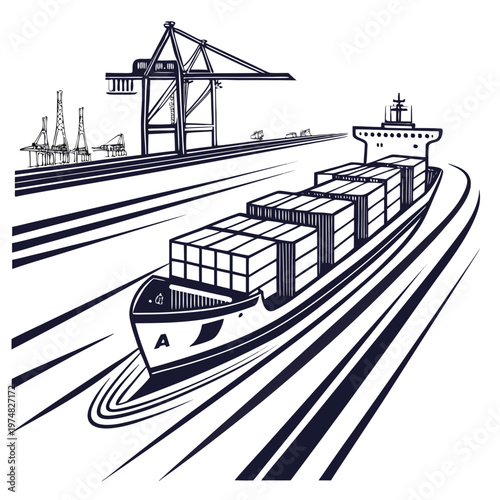 A stylized black and white illustration depicts a large container ship moving toward a busy port with gantry cranes high quality professional