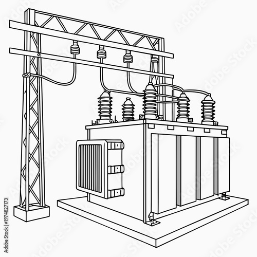 A detailed line drawing showcases a large electrical transformer station with insulators cooling fins and supporting steel structures high quality professional modern