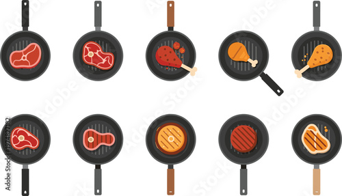 Meat And Chicken Steaks Frying In Grill Pans Vector Set Featuring Beef Pork And Poultry For Barbecue Cooking Restaurant Menu And Food Graphic Designs