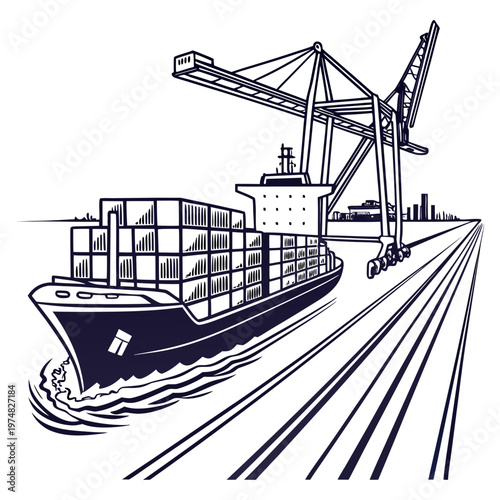 A detailed line art illustration depicts a large container ship navigating a waterway with a prominent port crane in the background