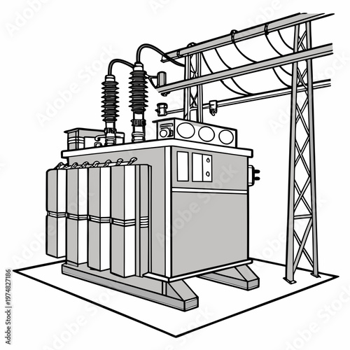 A detailed illustration depicts a large electrical transformer with prominent insulators showcasing power distribution infrastructure and technical components high quality professional modern