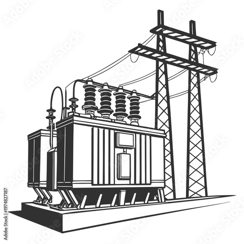 A detailed black and white illustration depicts a large electrical substation with transformers and high voltage power lines high quality professional modern