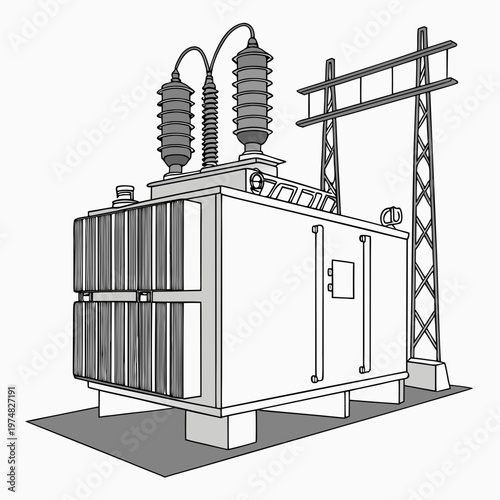 A detailed line drawing depicts a large electrical transformer with supporting pylons illustrating power distribution infrastructure high quality professional modern elegant stylish