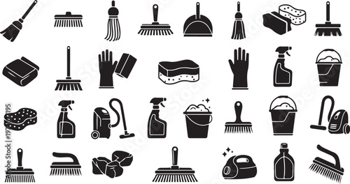 Cleaning Supplies and Tools Icon Set for Organization