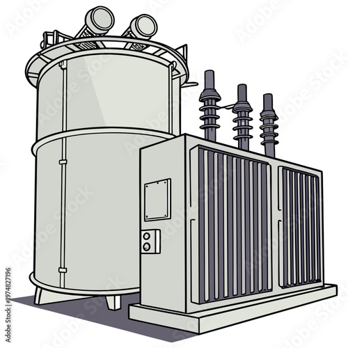 A detailed cartoon illustration depicts a large gray electrical transformer with cylindrical tanks and prominent porcelain insulators high quality professional modern elegant