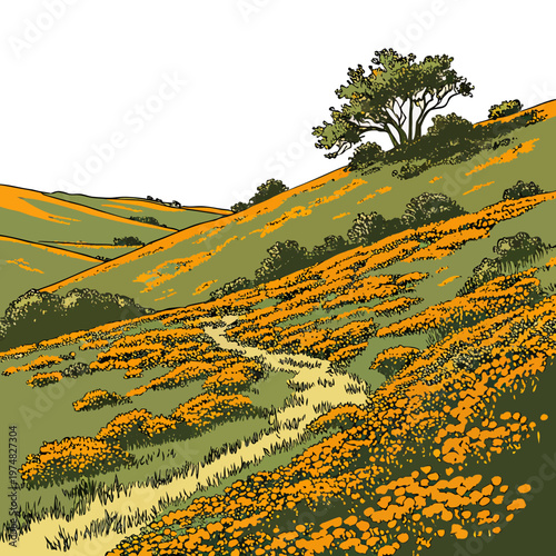 A vibrant landscape depicts rolling hills covered in golden wildflowers with a winding path leading towards a lone tree high quality professional