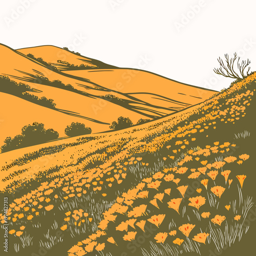 Schilderij op canvas A vibrant illustration depicts rolling golden hills covered with wildflowers and