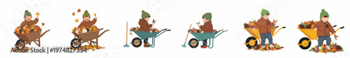 Illustration set of a young child playing with autumn leaves in a wheelbarrow, capturing the joy of fall yard work and outdoor childhood fun.