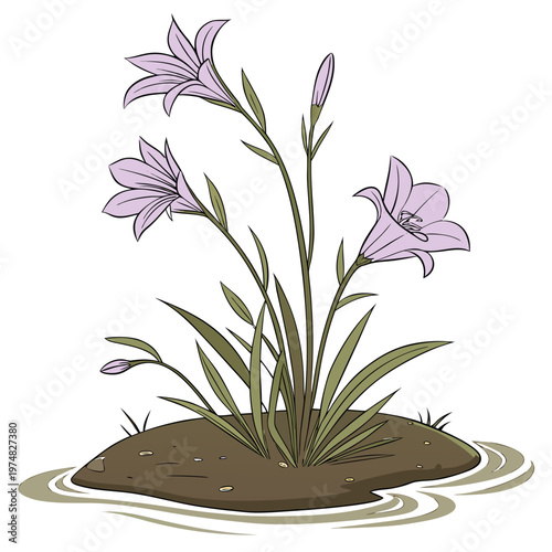 A delicately illustrated depiction showcases three vibrant purple lilies emerging from dark soil surrounded by gentle water ripples high quality professional detailed