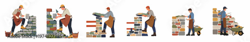 Collection of flat illustrations depicting professional stonemasons building walls using traditional techniques and hand tools on a plain white background.