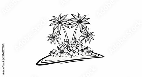 Black and white illustration of a tropical island with palm trees and hibiscus flowers