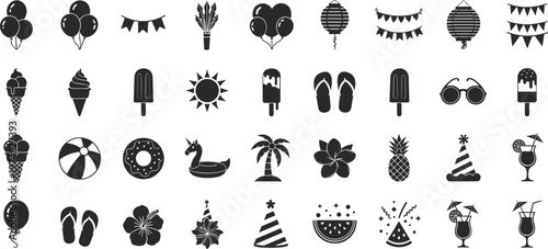 Black and white summer icons set including balloons, Ice cream, And tropical symbols