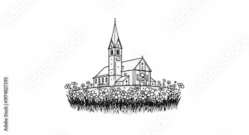 Stylized illustration of a church with a tall steeple surrounded by blooming wildflowers and grass