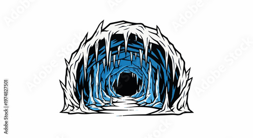 Frozen cave entrance with sharp ice formations and dark opening