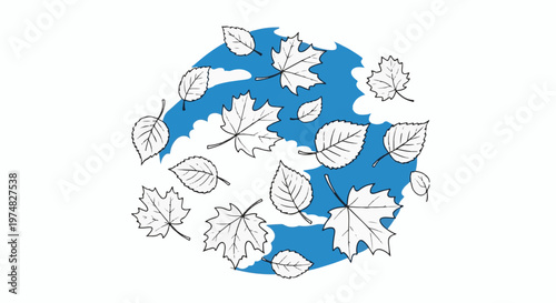 A whimsical scattering of hand-drawn autumn leaves against a bright blue backdrop