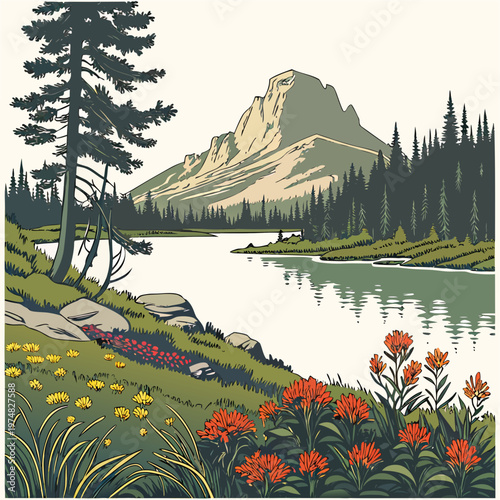 A serene landscape depicts a calm lake reflecting majestic mountains and lush evergreen forests adorned with vibrant wildflowers high quality professional detailed
