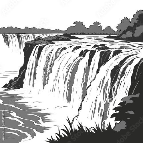 A dramatic black and white illustration depicts a powerful waterfall cascading over rocky terrain into a turbulent river below framed by foliage