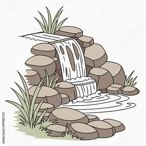 A charming illustration depicts a small cascading waterfall built from stacked rocks and surrounded by lush green foliage high quality professional detailed