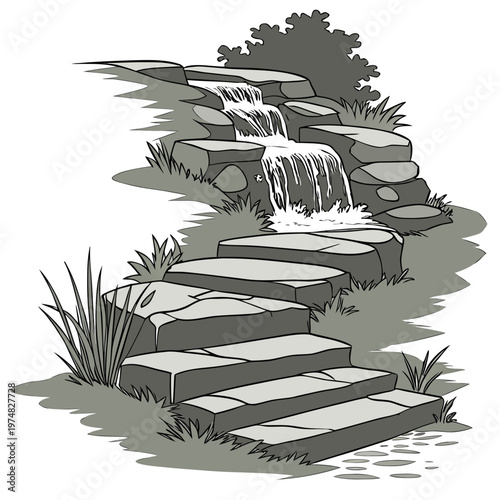 A grayscale illustration depicts a cascading waterfall flowing down a rocky landscape with stone steps leading alongside it high quality professional detailed